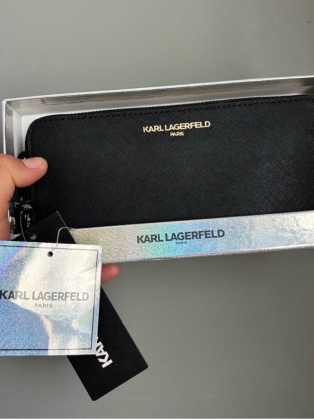 Karl Lagerfeld Black Saffiano Zip Wallet with Gold Logo